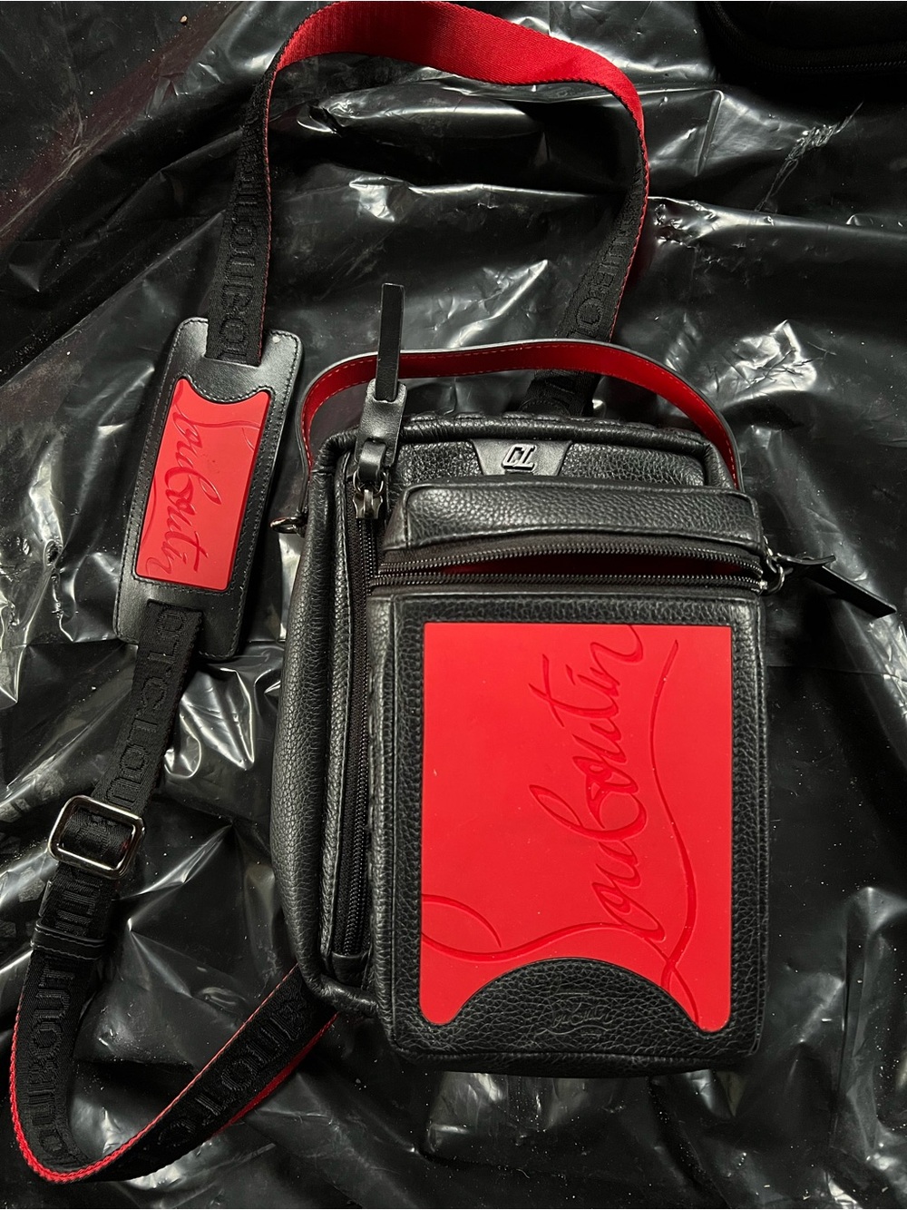 Christian Louboutin Black and Red Leather Messenger Crossbody